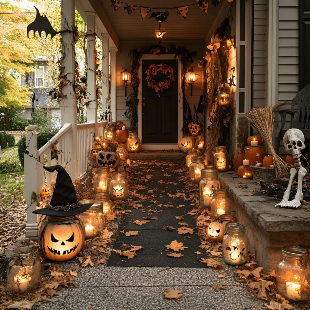 01. Halloween Lantern Pathway with Repurposed Jar Lanterns