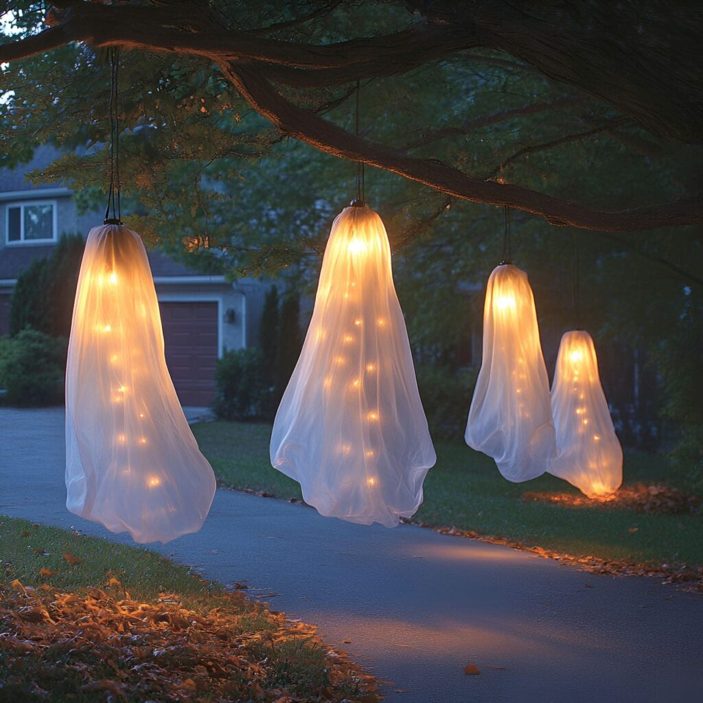 17. Hanging Ghost Lights with Floating Sheer Fabric Figures