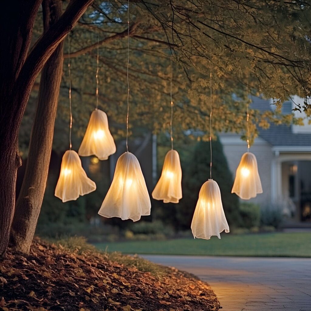 17. Hanging Ghost Lights with Floating Sheer Fabric Figures