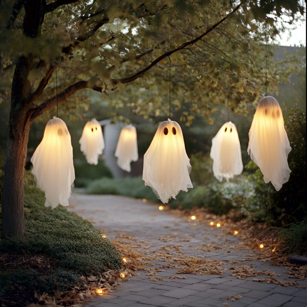 17. Hanging Ghost Lights with Floating Sheer Fabric Figures