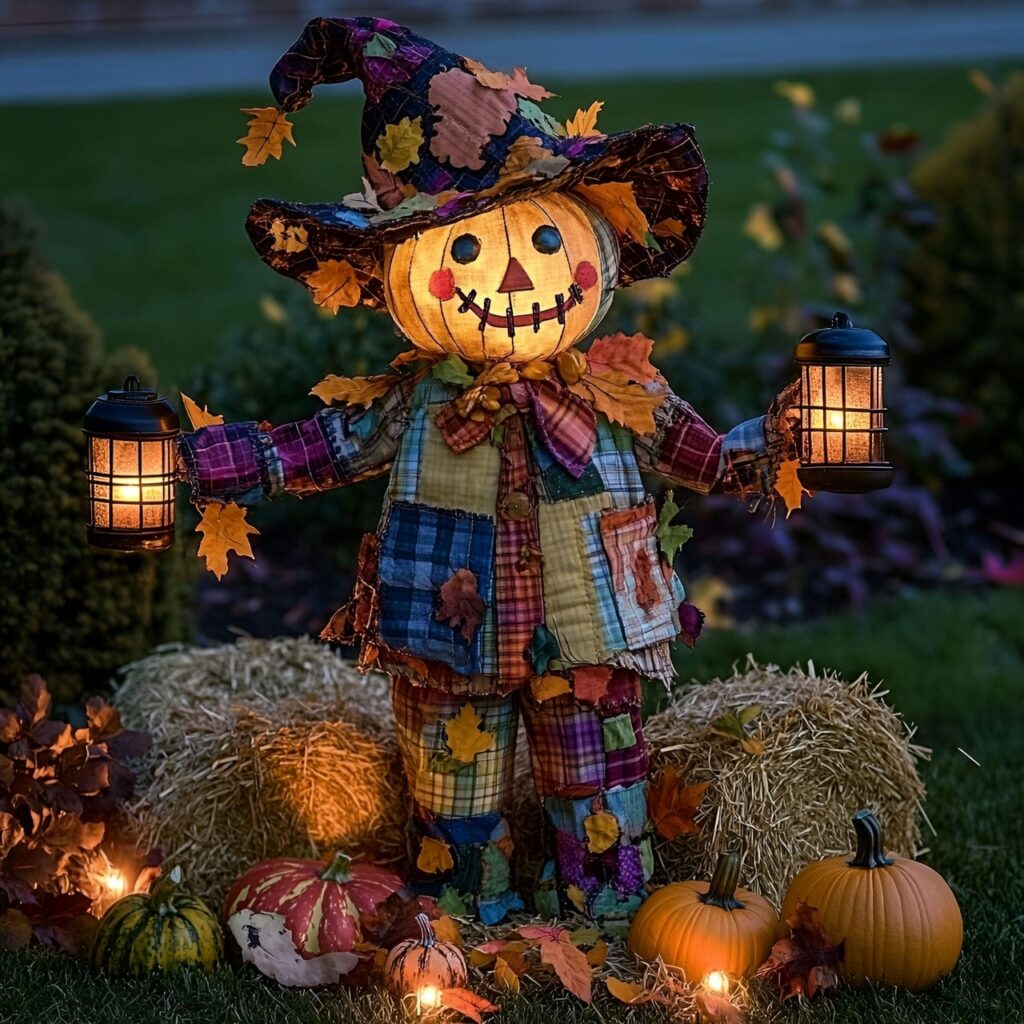 06. Harvest Scarecrow with Vibrant Gourds and Hay Bales