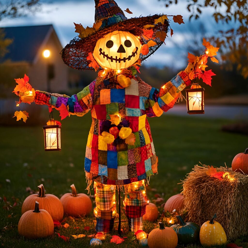 06. Harvest Scarecrow with Vibrant Gourds and Hay Bales