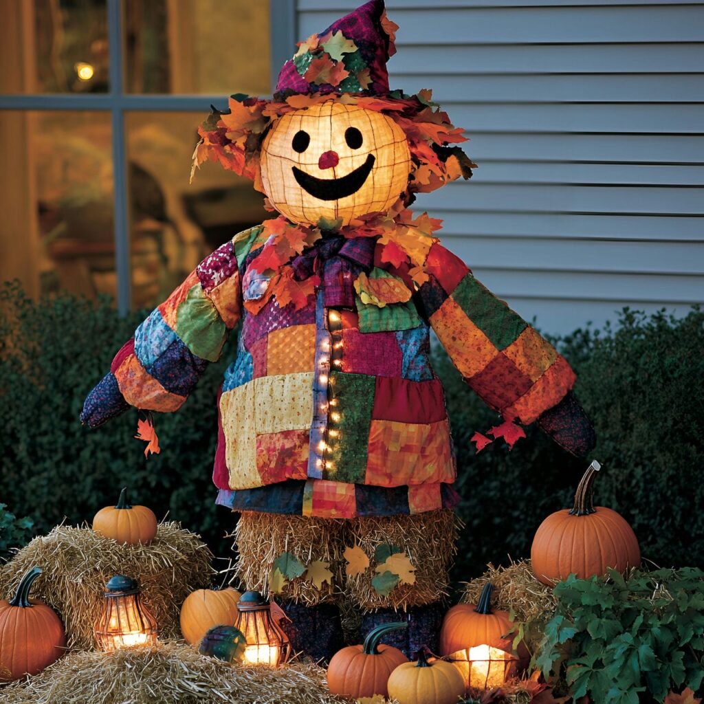 06. Harvest Scarecrow with Vibrant Gourds and Hay Bales