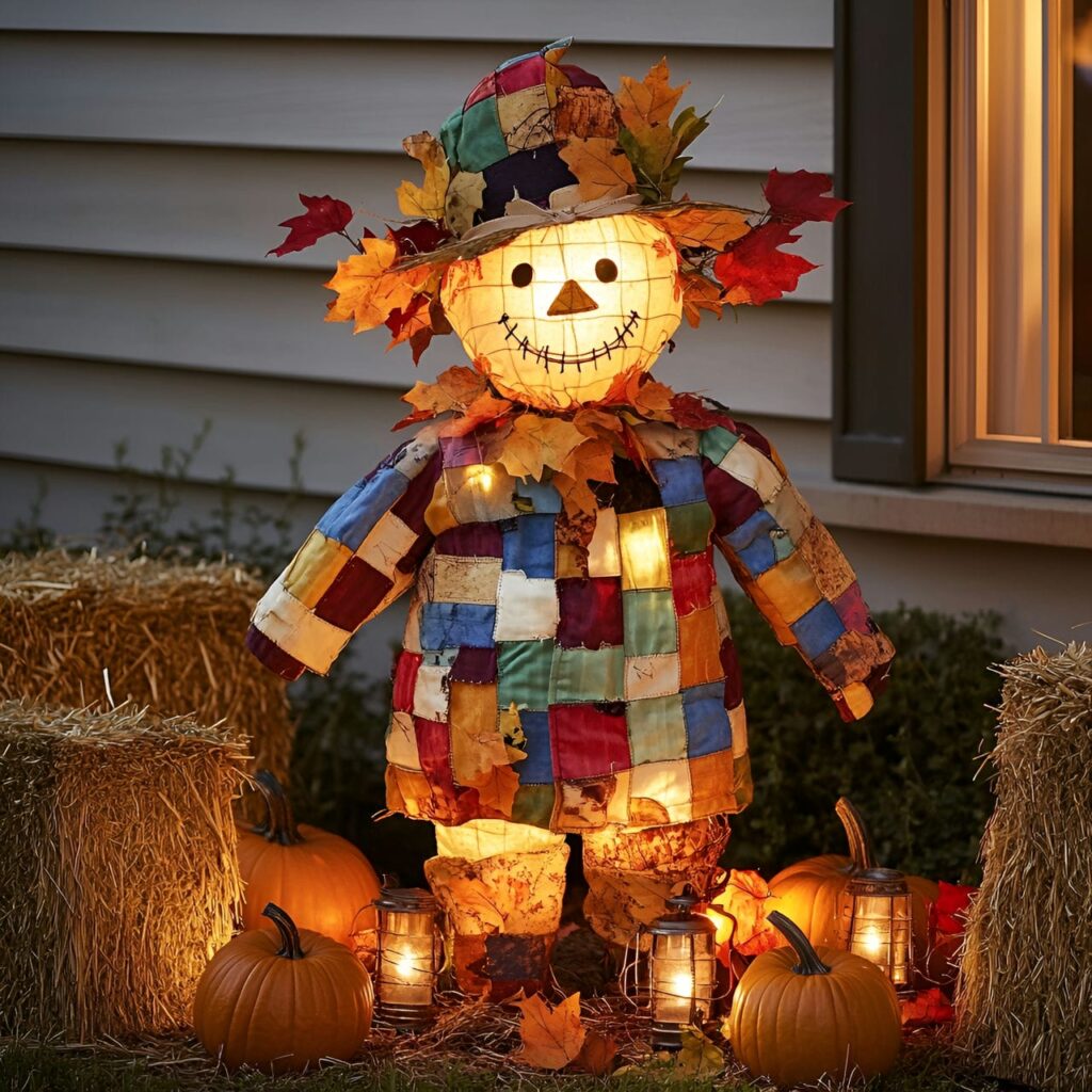 06. Harvest Scarecrow with Vibrant Gourds and Hay Bales