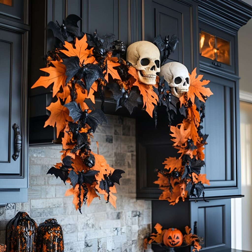 13. Ghoulish Garland Overhead with Skulls and Bats