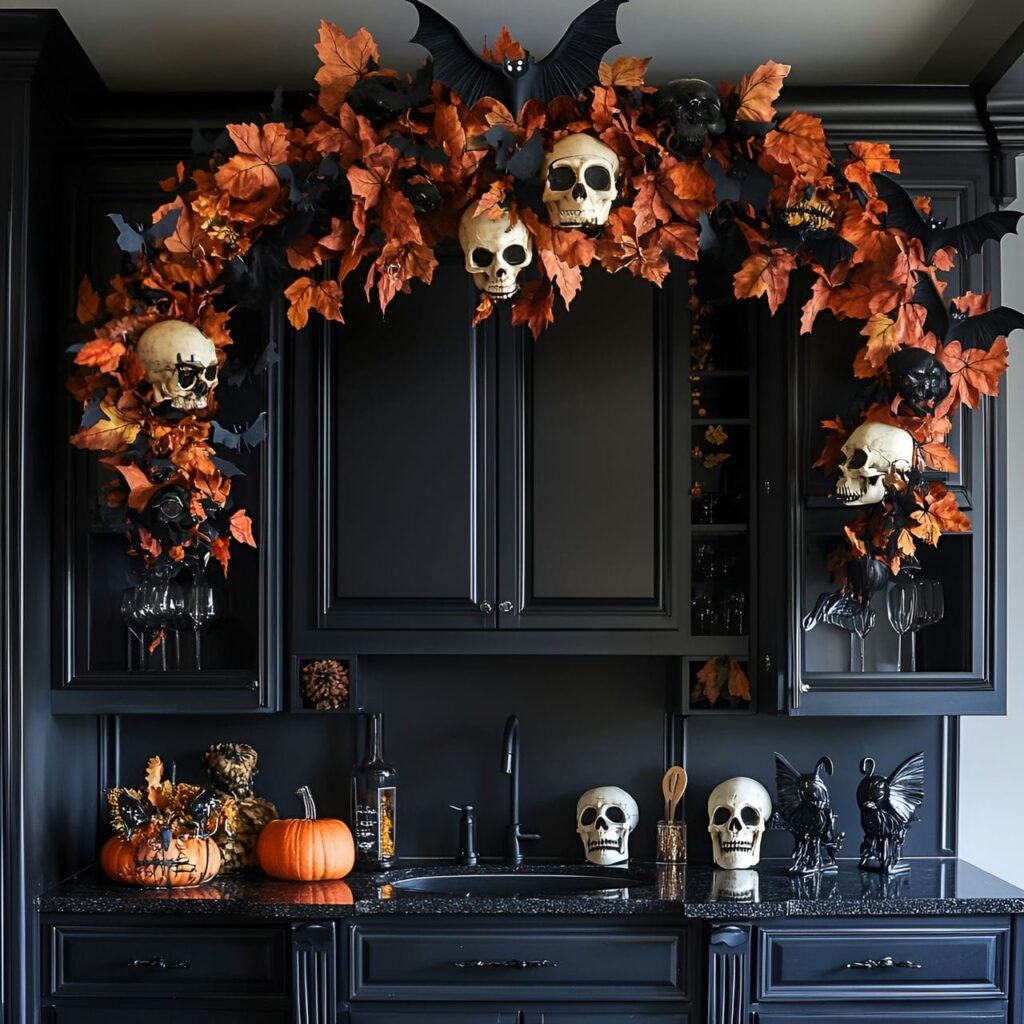 13. Ghoulish Garland Overhead with Skulls and Bats