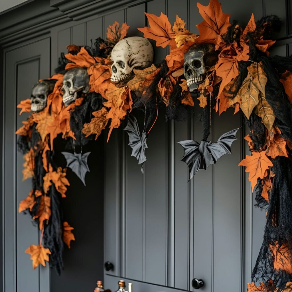 13. Ghoulish Garland Overhead with Skulls and Bats