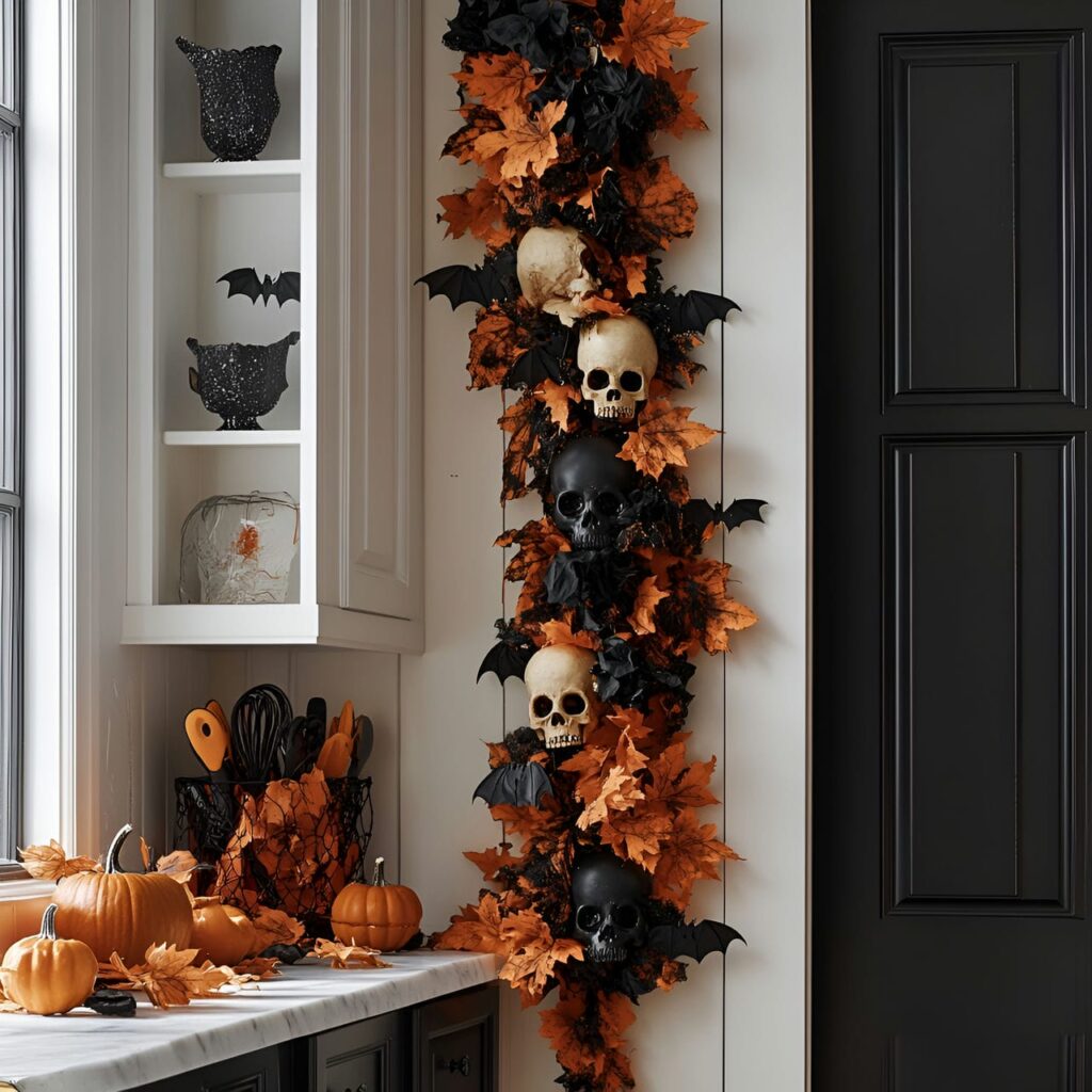 13. Ghoulish Garland Overhead with Skulls and Bats