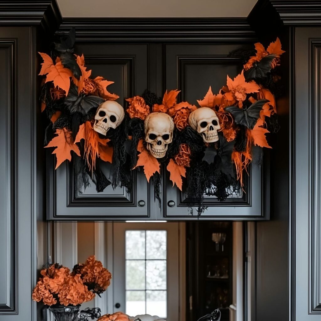 13. Ghoulish Garland Overhead with Skulls and Bats