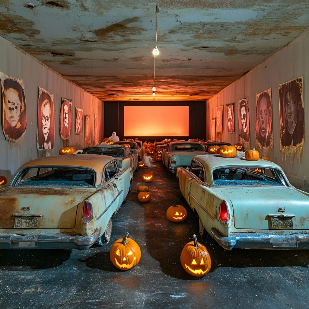 22. Haunted Drive-In Garage with Broken Cars and Ghostly Figures