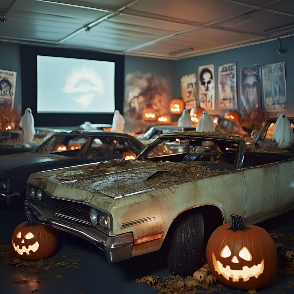 22. Haunted Drive-In Garage with Broken Cars and Ghostly Figures