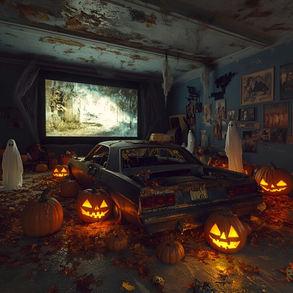 22. Haunted Drive-In Garage with Broken Cars and Ghostly Figures