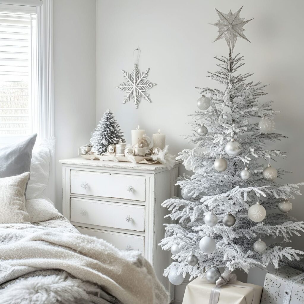 27. Icy White & Silver Tree with Snowflake Ornaments