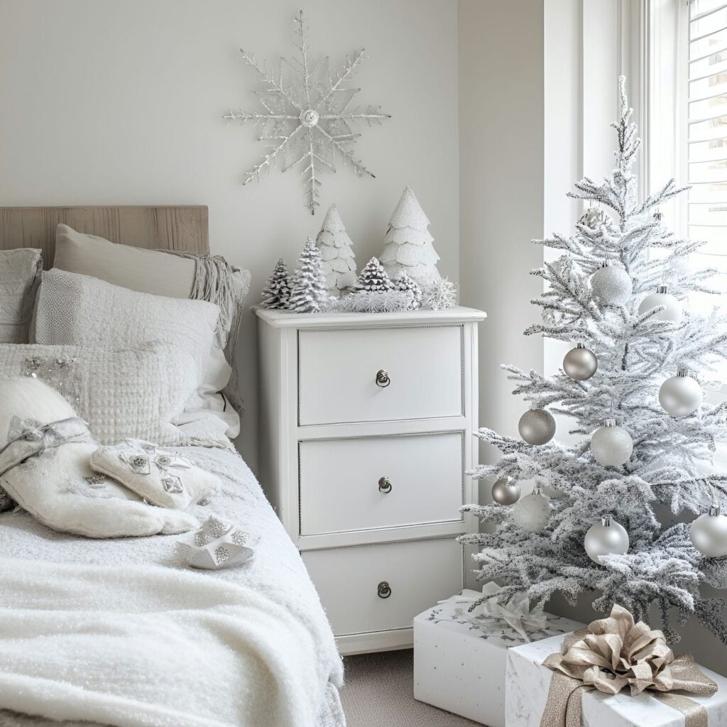 27. Icy White & Silver Tree with Snowflake Ornaments