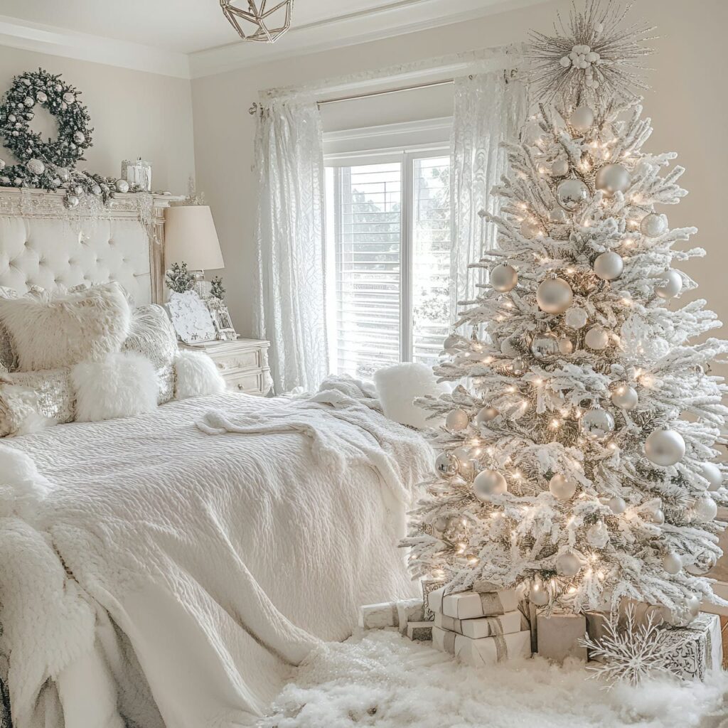 27. Icy White & Silver Tree with Snowflake Ornaments