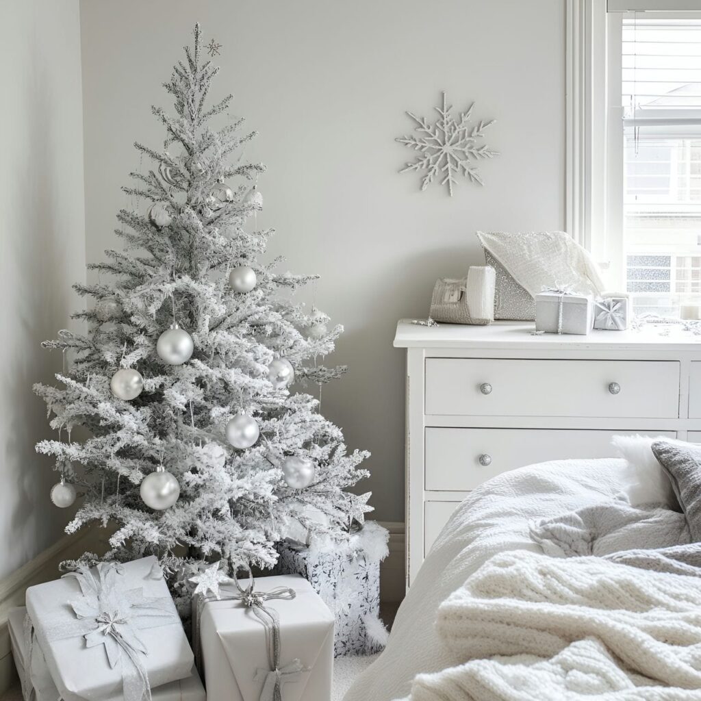 27. Icy White & Silver Tree with Snowflake Ornaments