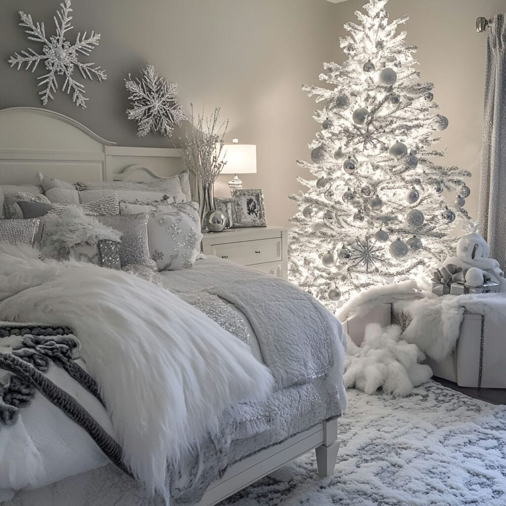 27. Icy White & Silver Tree with Snowflake Ornaments