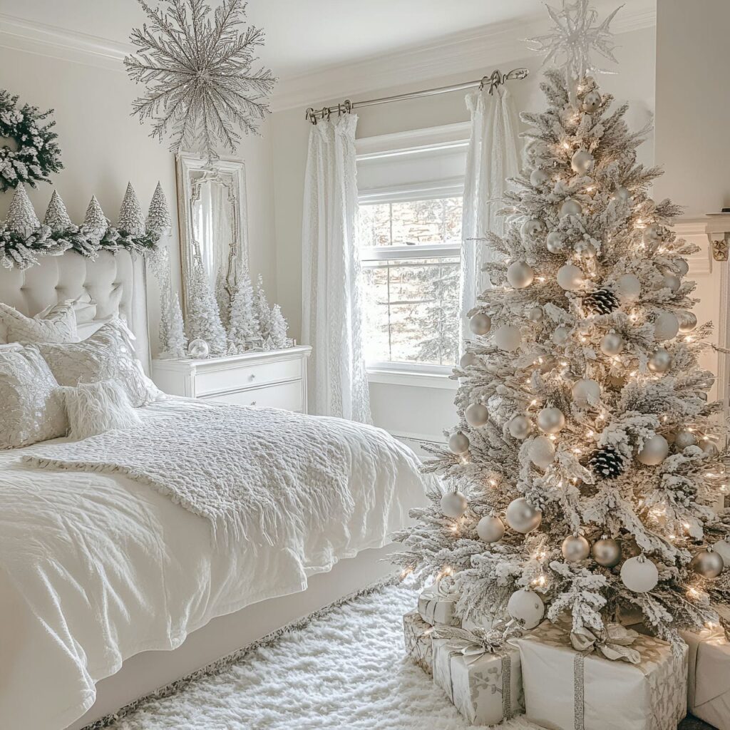 27. Icy White & Silver Tree with Snowflake Ornaments