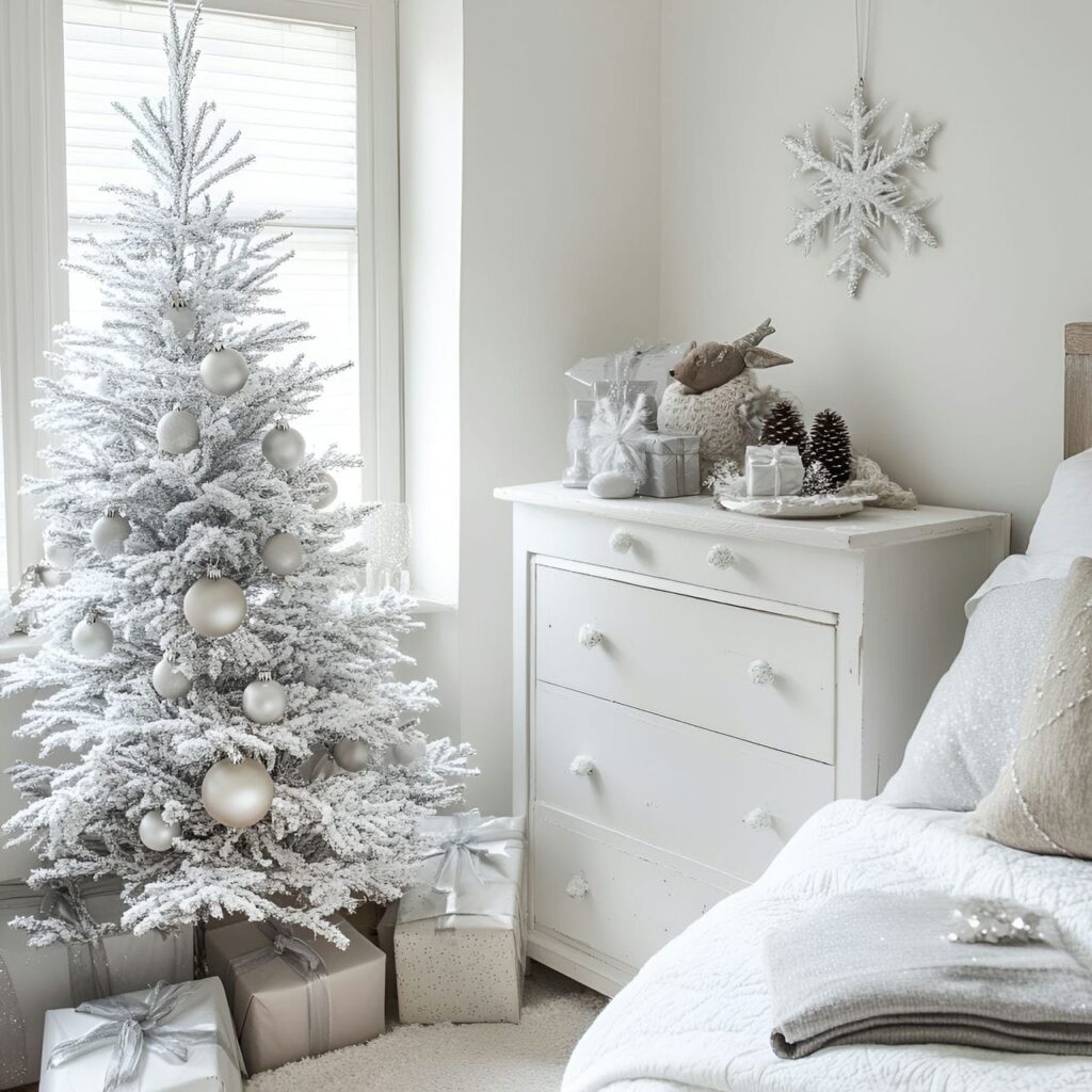 27. Icy White & Silver Tree with Snowflake Ornaments