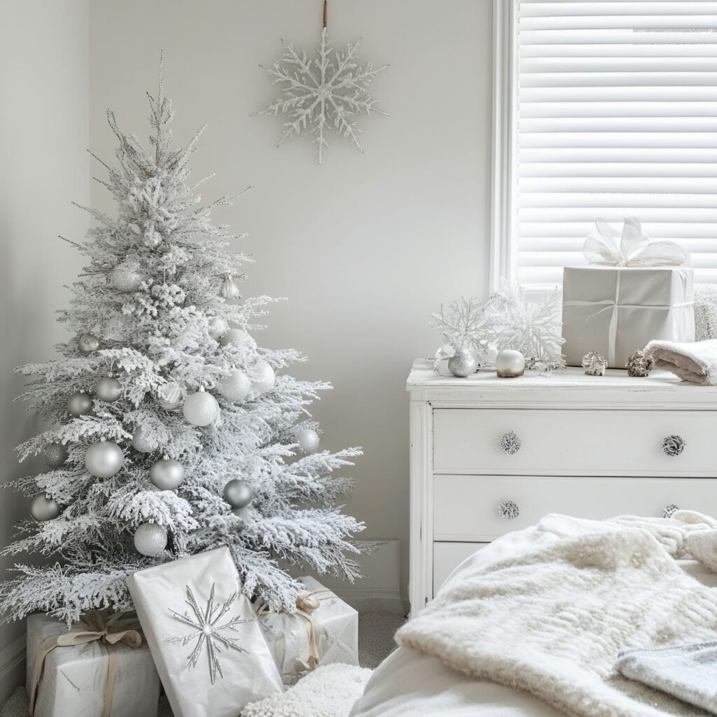 27. Icy White & Silver Tree with Snowflake Ornaments