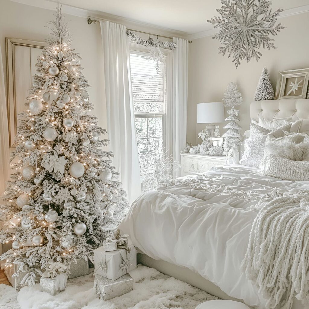 27. Icy White & Silver Tree with Snowflake Ornaments