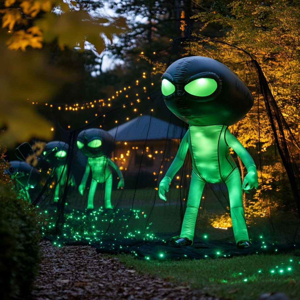 20. Inflatable Alien Invasion with UFO Decorations and Green Lights