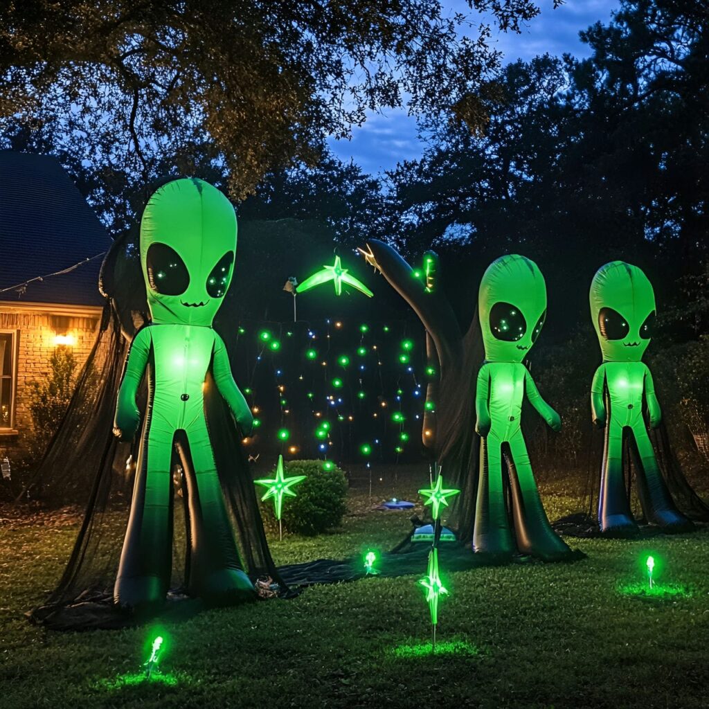 20. Inflatable Alien Invasion with UFO Decorations and Green Lights