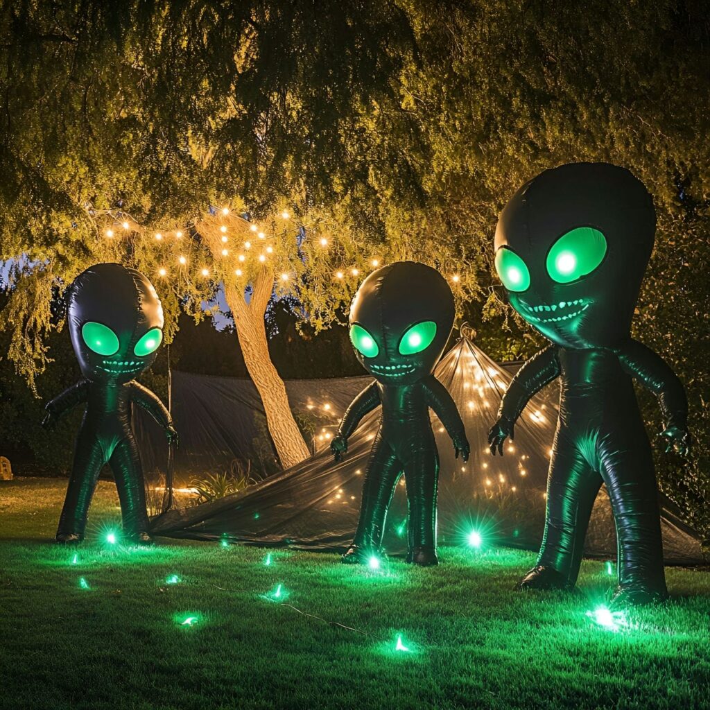 20. Inflatable Alien Invasion with UFO Decorations and Green Lights