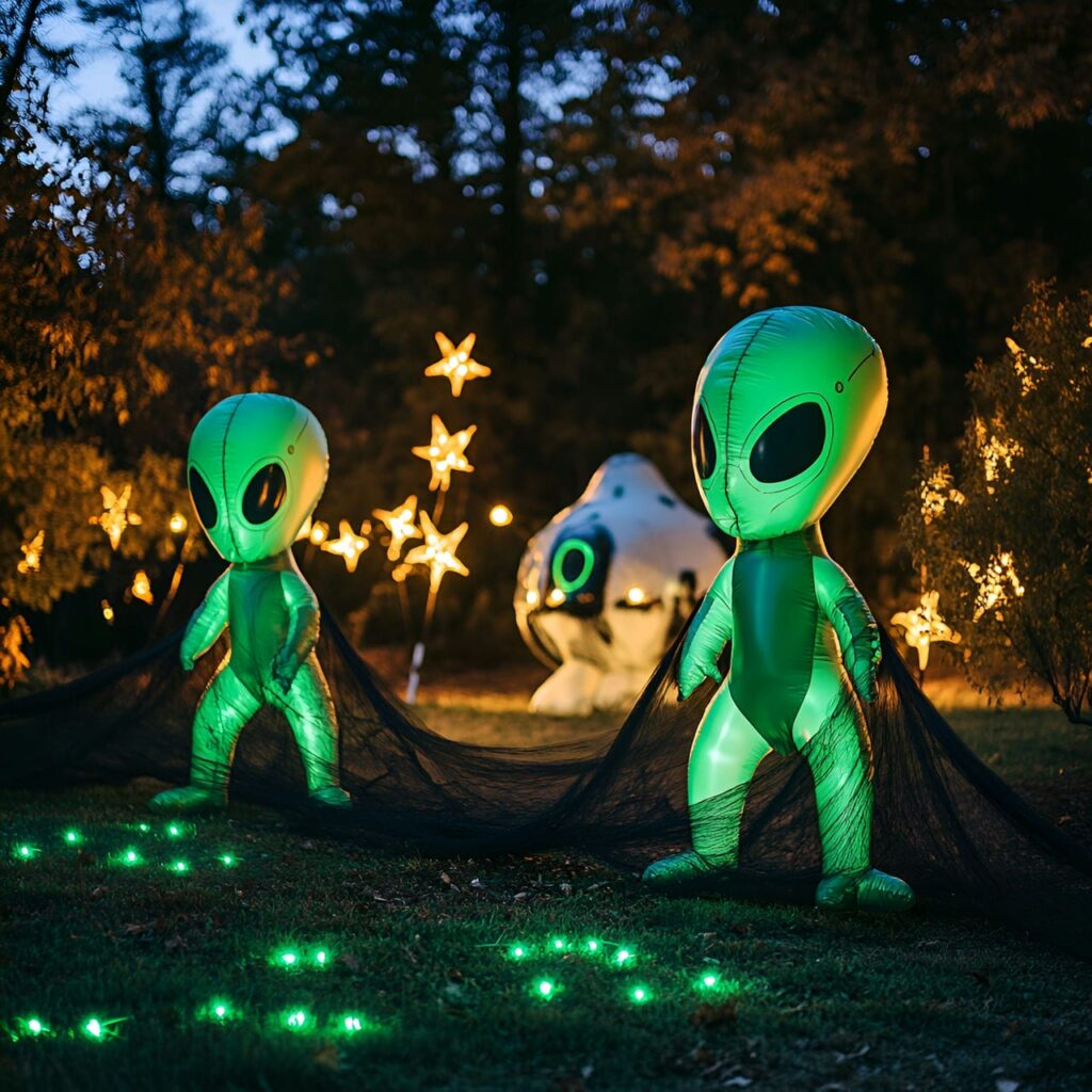 20. Inflatable Alien Invasion with UFO Decorations and Green Lights