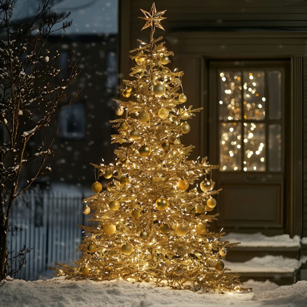 23. Luxe Gold & Glam Outdoor Tree with Bright Décor