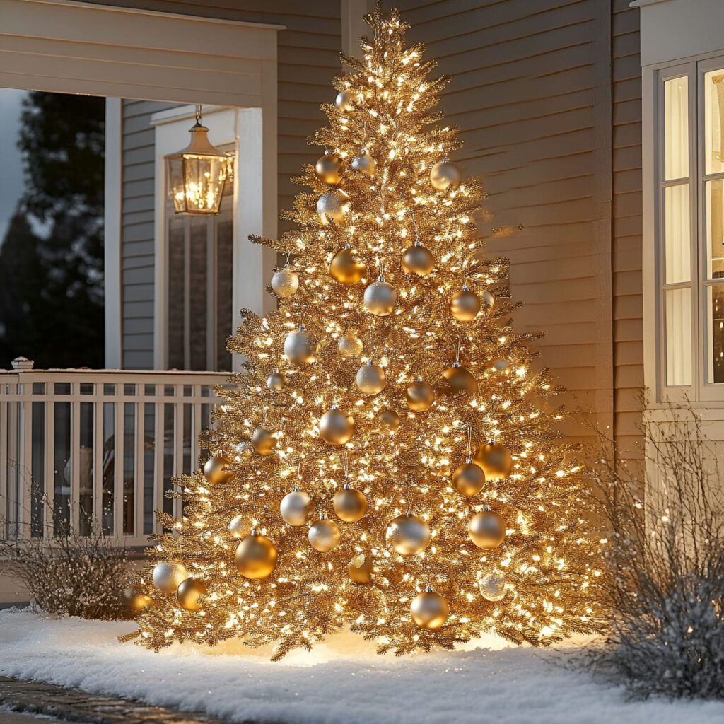 23. Luxe Gold & Glam Outdoor Tree with Bright Décor