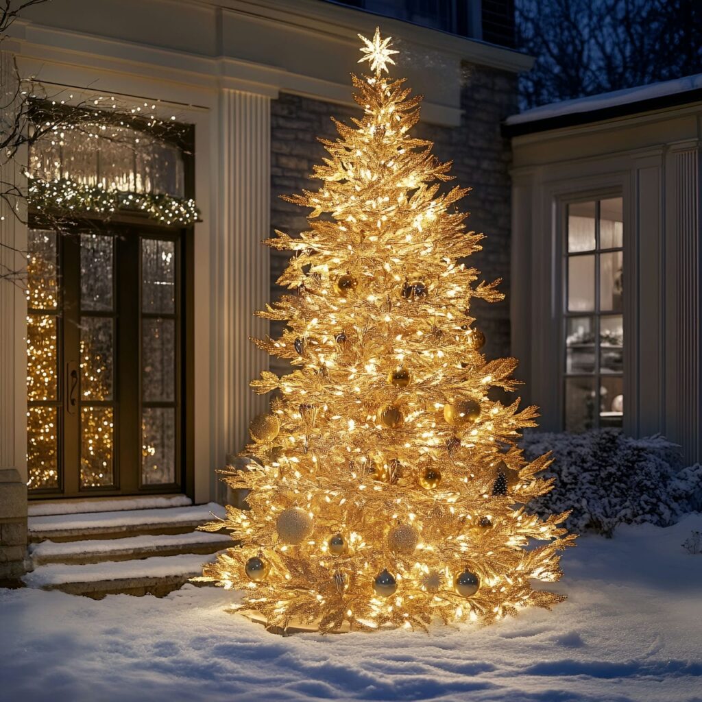 23. Luxe Gold & Glam Outdoor Tree with Bright Décor