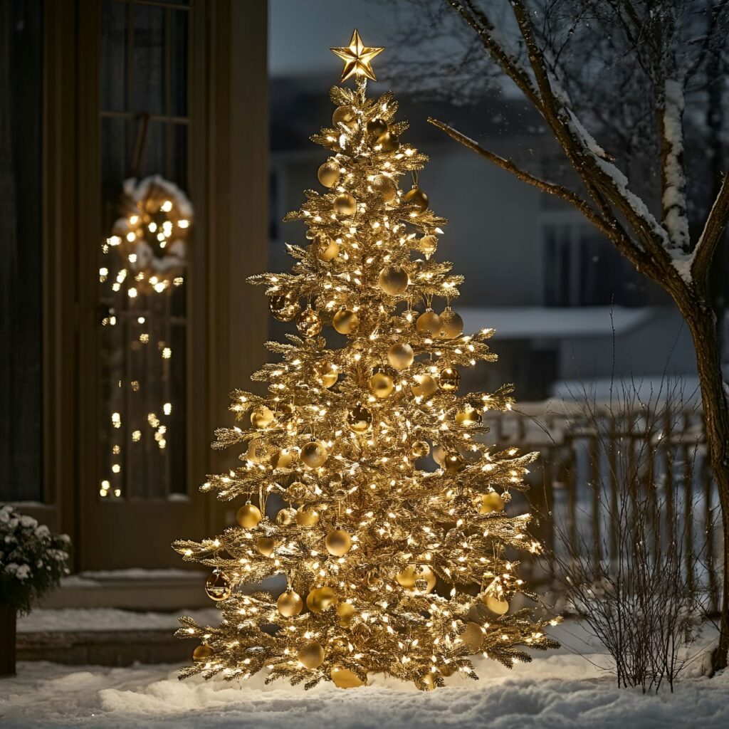 23. Luxe Gold & Glam Outdoor Tree with Bright Décor