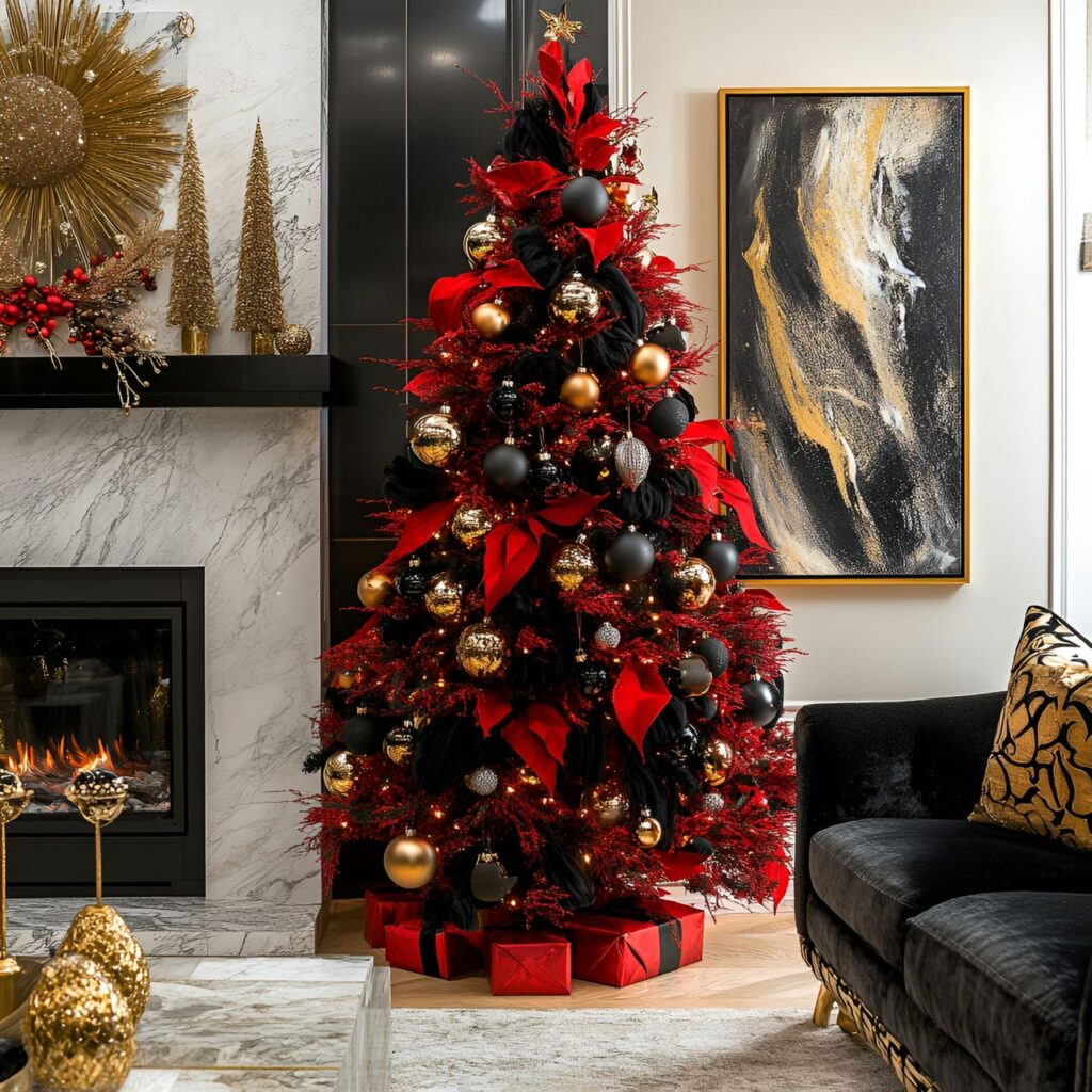 07. Luxurious Red and Black Tree with Velvet and Gold Touches