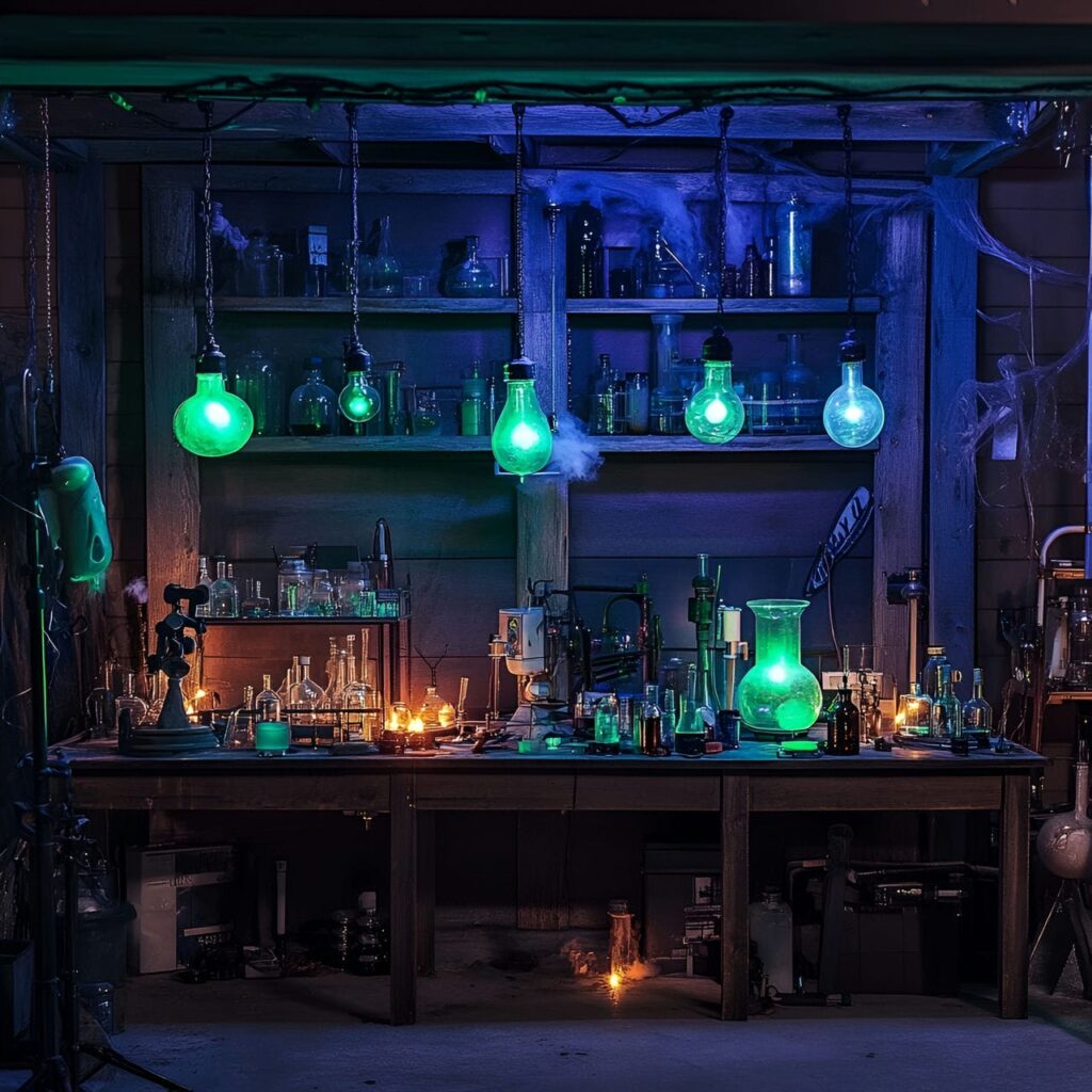 13. Mad Scientist Garage Lab with Bubbling Test Tubes and Green Lights