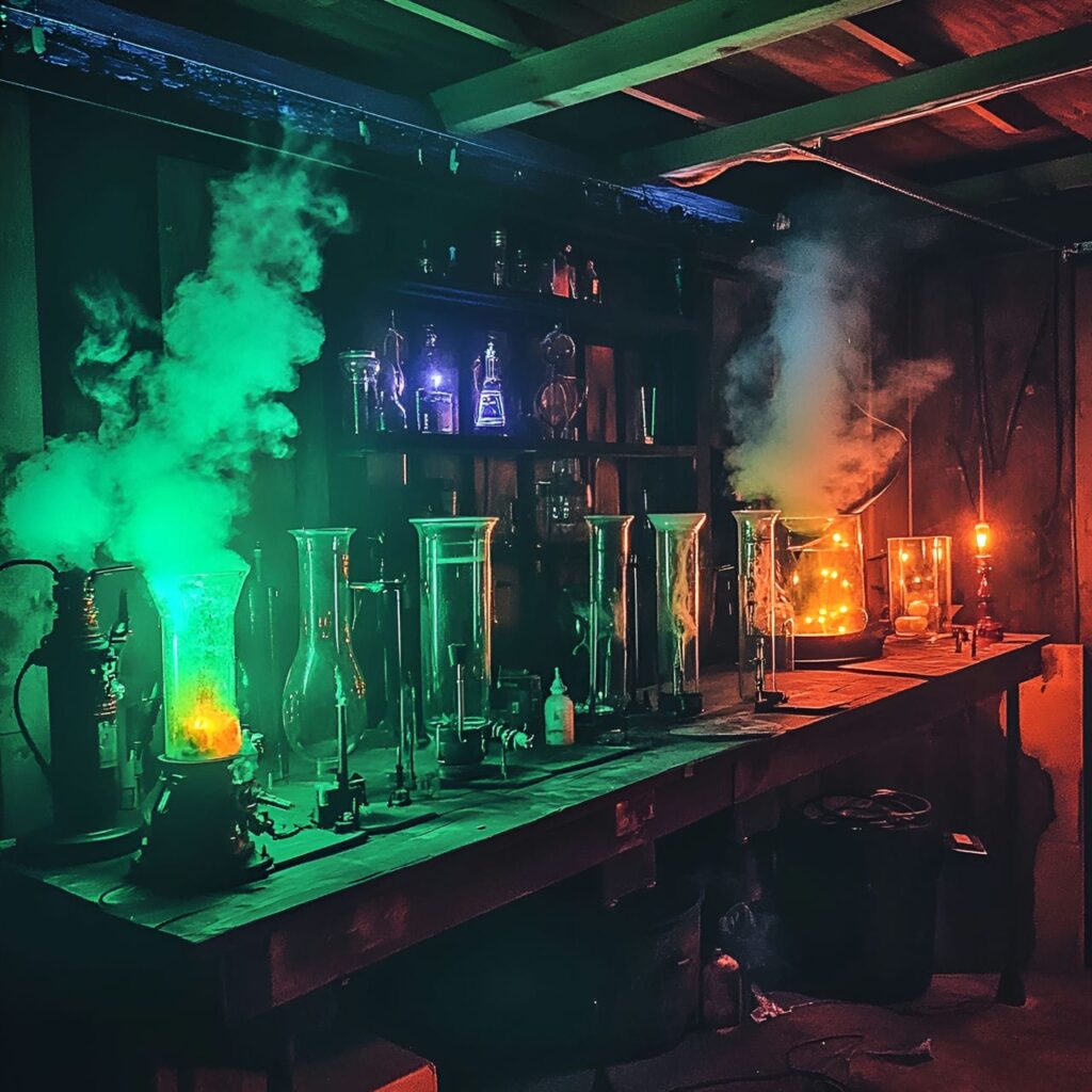 13. Mad Scientist Garage Lab with Bubbling Test Tubes and Green Lights