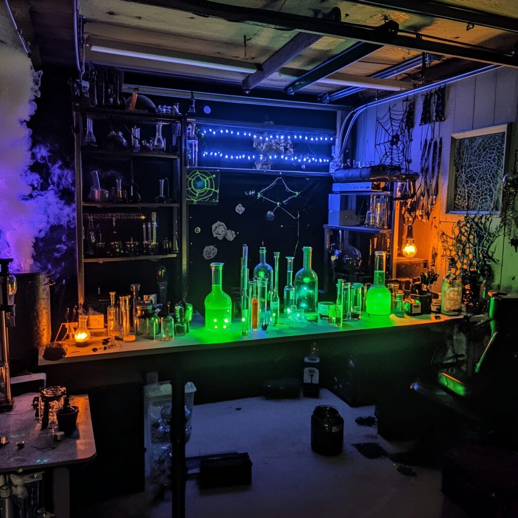 13. Mad Scientist Garage Lab with Bubbling Test Tubes and Green Lights