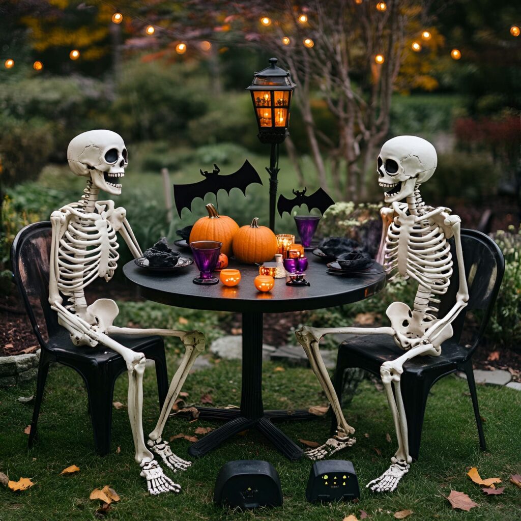 07. Mid-Century Skeleton Garden Party with Retro Pumpkin Décor