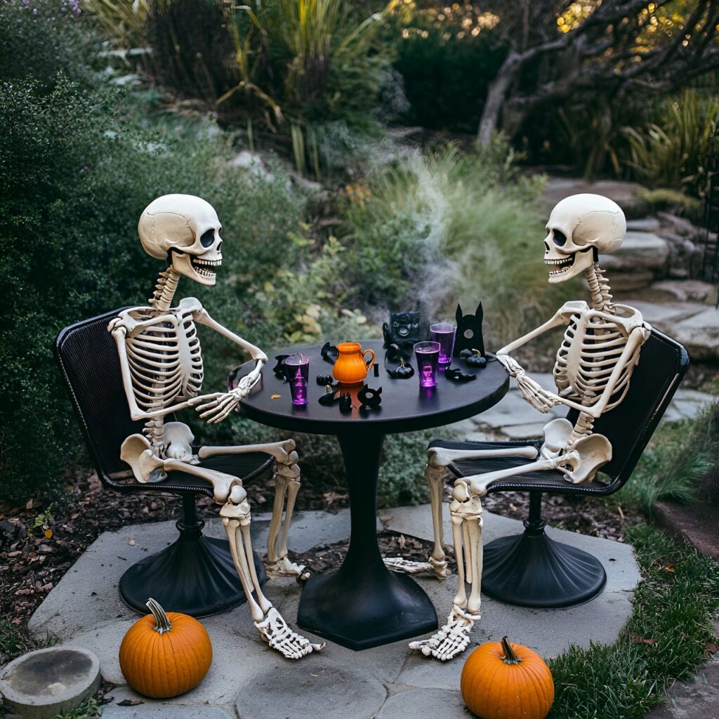 07. Mid-Century Skeleton Garden Party with Retro Pumpkin Décor