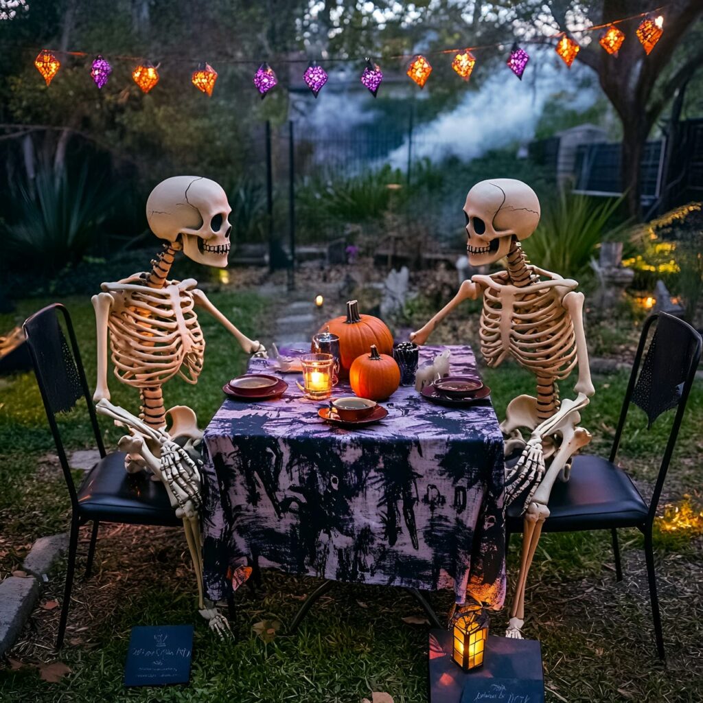 07. Mid-Century Skeleton Garden Party with Retro Pumpkin Décor