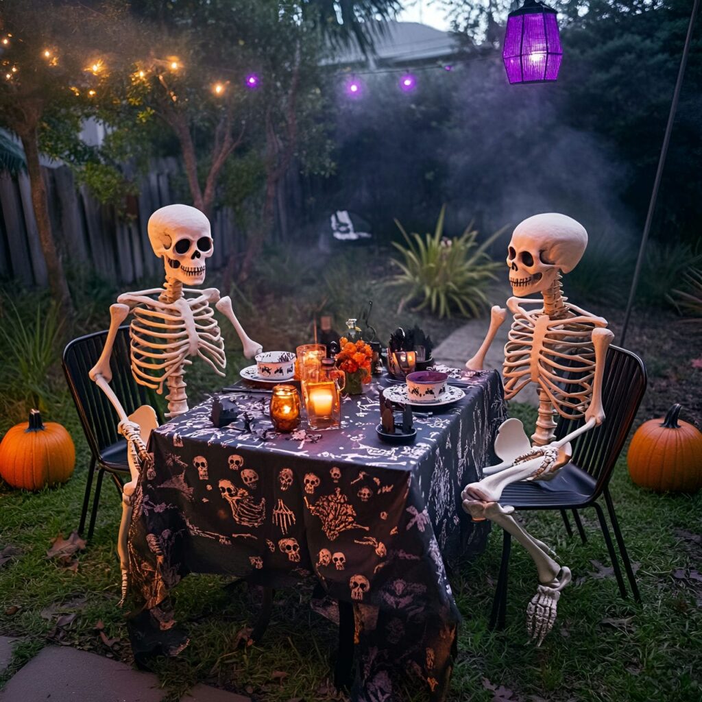 07. Mid-Century Skeleton Garden Party with Retro Pumpkin Décor