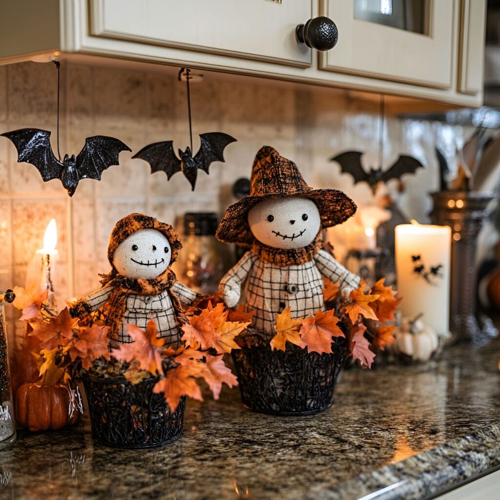 07. Mini Scarecrow Display by the Sink with Autumn Leaves