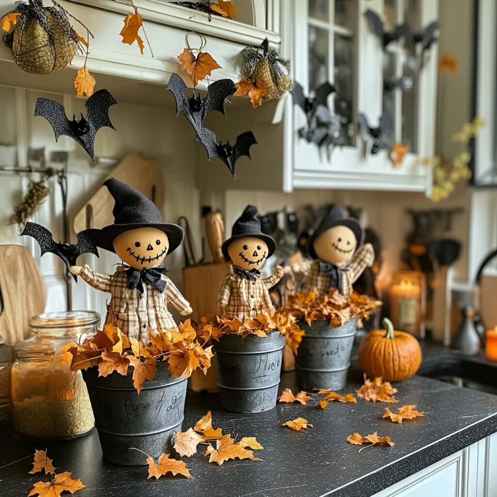 07. Mini Scarecrow Display by the Sink with Autumn Leaves