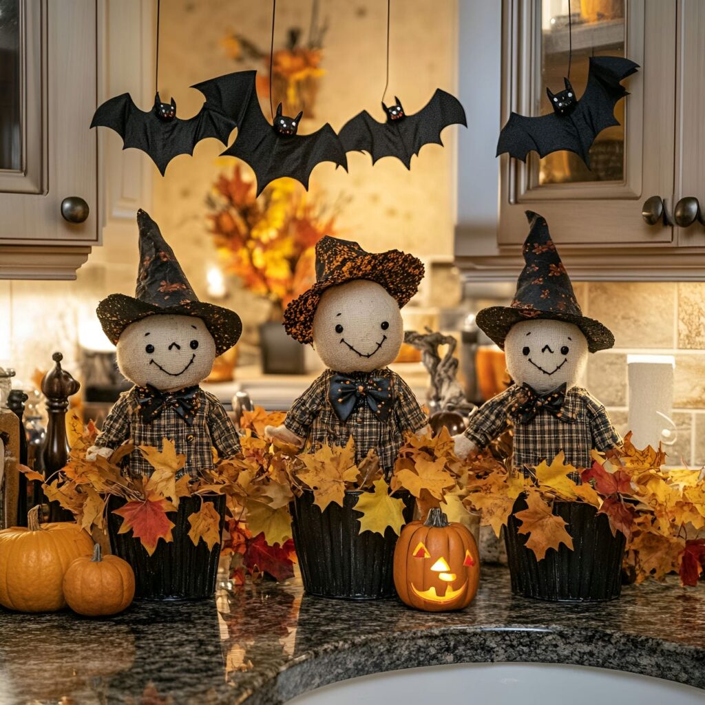 07. Mini Scarecrow Display by the Sink with Autumn Leaves