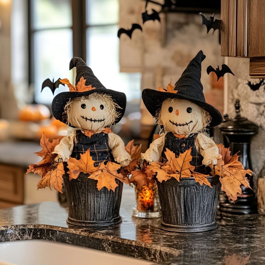 07. Mini Scarecrow Display by the Sink with Autumn Leaves