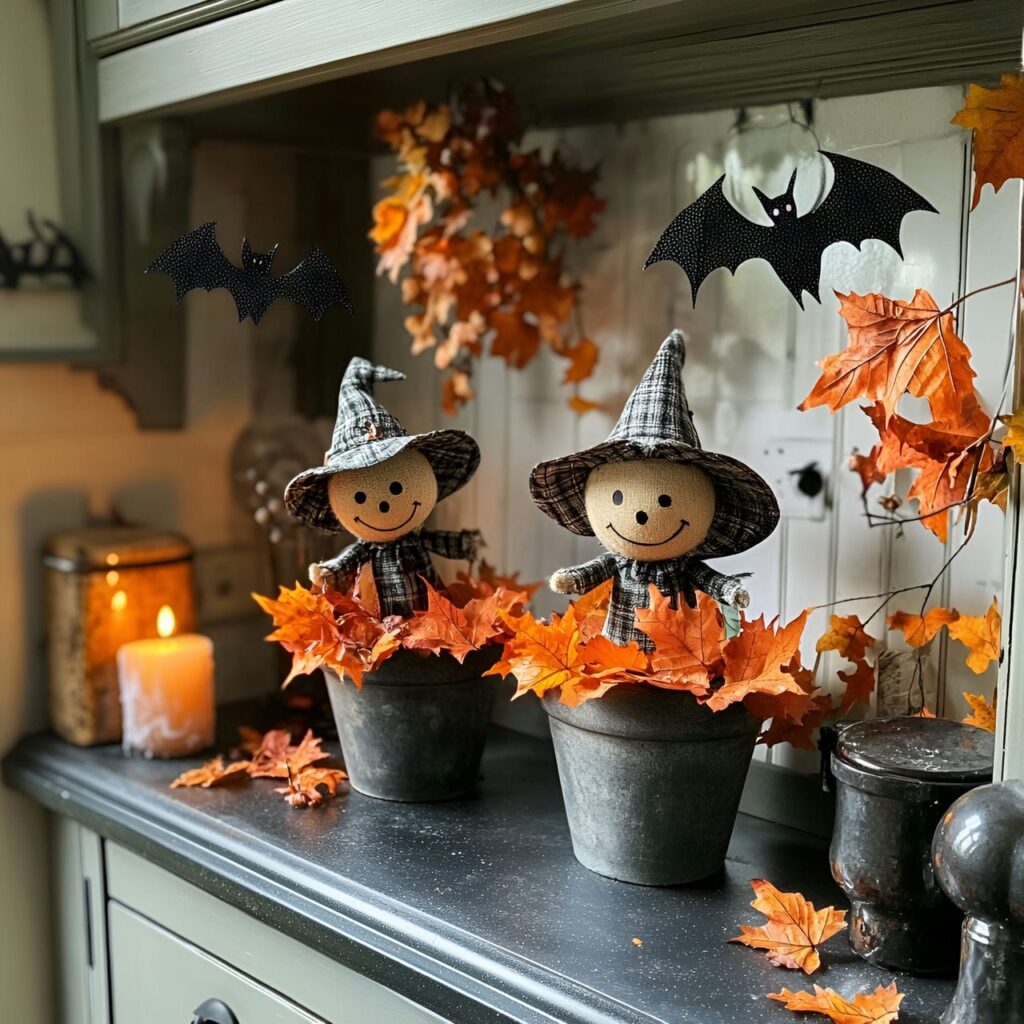 07. Mini Scarecrow Display by the Sink with Autumn Leaves