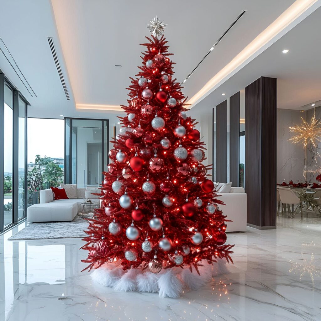 18. Modern Red Christmas Tree with Metallic Ornaments and LEDs