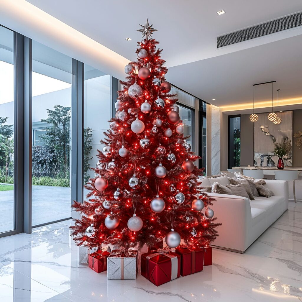 18. Modern Red Christmas Tree with Metallic Ornaments and LEDs