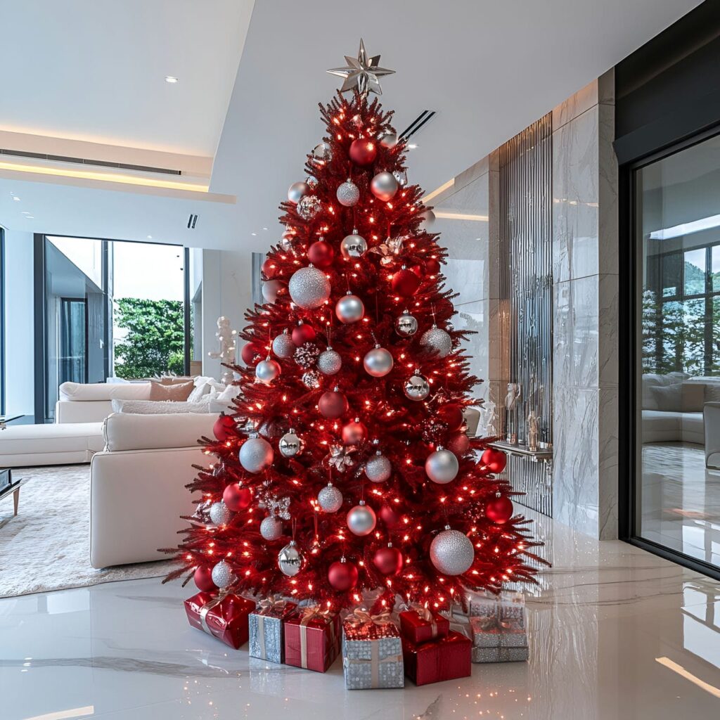 18. Modern Red Christmas Tree with Metallic Ornaments and LEDs