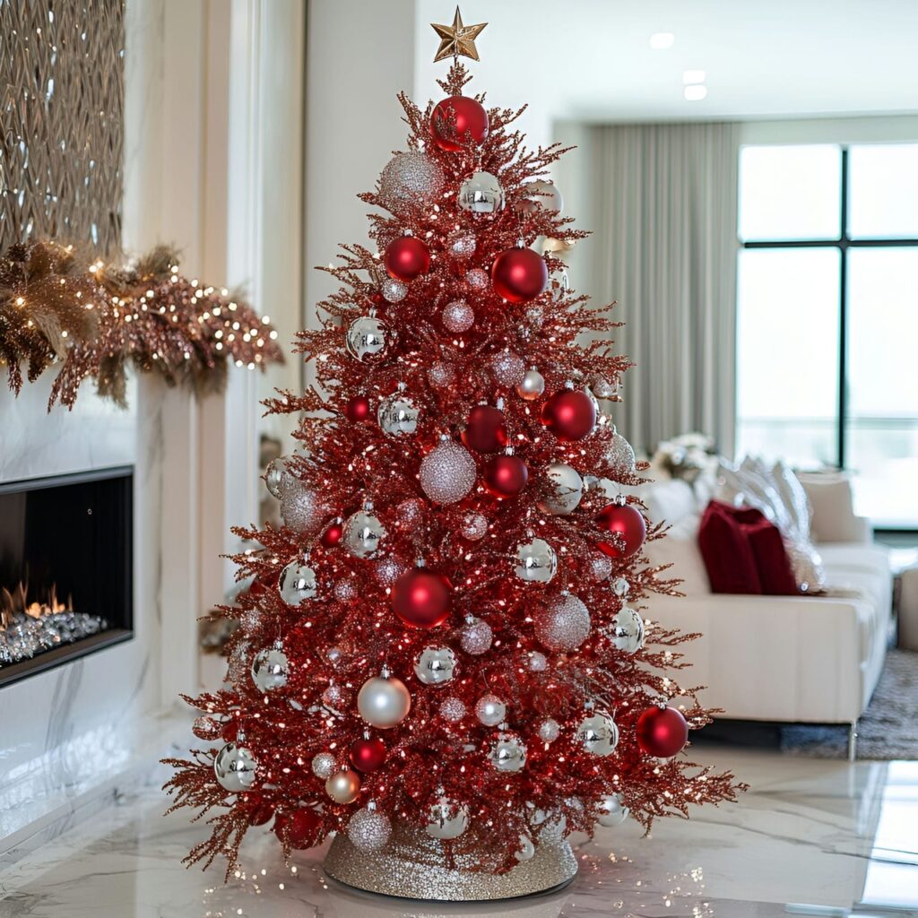 18. Modern Red Christmas Tree with Metallic Ornaments and LEDs